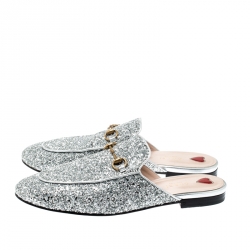 Pre Owned Gucci Silver Glitter Leather Princetown Flat Slide Loafers Size 40.5