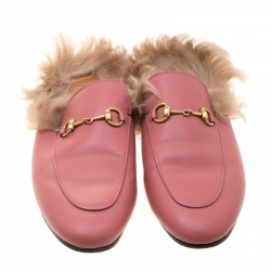 Pre Owned Gucci Pink Leather And Fur Lined Princetown Flat Mule Loafers Size 41
