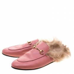 Pre Owned Gucci Pink Leather And Fur Lined Princetown Flat Mule Loafers Size 41