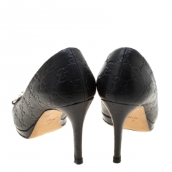 Pre Owned Gucci Black Guccissima Leather New Hollywood Horsebit Peep Toe Pumps Size 37