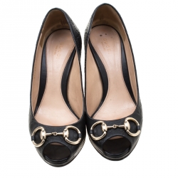 Pre Owned Gucci Black Guccissima Leather New Hollywood Horsebit Peep Toe Pumps Size 37