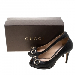 Pre Owned Gucci Black Guccissima Leather New Hollywood Horsebit Peep Toe Pumps Size 37