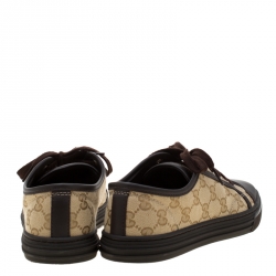 Gucci Brown Leather And Monogram Canvas Lace Up Sneakers Size 37