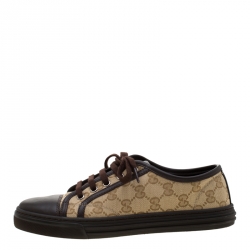 Gucci Brown Leather And Monogram Canvas Lace Up Sneakers Size 37