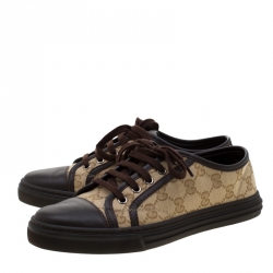 Gucci Brown Leather And Monogram Canvas Lace Up Sneakers Size 37
