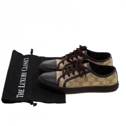 Gucci Brown Leather And Monogram Canvas Lace Up Sneakers Size 37