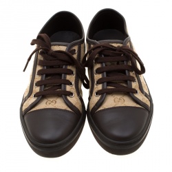 Gucci Brown Leather And Monogram Canvas Lace Up Sneakers Size 37