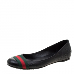 Pre Owned Gucci Black Guccissima Leather Web detail Ballet Flat Size 37