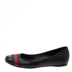 Pre Owned Gucci Black Guccissima Leather Web detail Ballet Flat Size 37