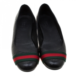 Pre Owned Gucci Black Guccissima Leather Web detail Ballet Flat Size 37