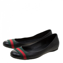 Pre Owned Gucci Black Guccissima Leather Web detail Ballet Flat Size 37