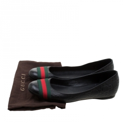 Pre Owned Gucci Black Guccissima Leather Web detail Ballet Flat Size 37