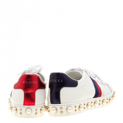 Pre Owned Gucci White Leather Ace Studded Lace Up Sneakers Size 39.5