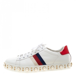 Pre Owned Gucci White Leather Ace Studded Lace Up Sneakers Size 39.5