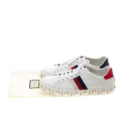 Pre Owned Gucci White Leather Ace Studded Lace Up Sneakers Size 39.5