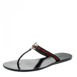 Pre Owned Gucci Black Leather/Canvas Web Detail ‘GG’ Thong Flat Sandals Size 39
