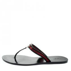 Pre Owned Gucci Black Leather/Canvas Web Detail ‘GG’ Thong Flat Sandals Size 39