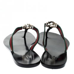 Pre Owned Gucci Black Leather/Canvas Web Detail ‘GG’ Thong Flat Sandals Size 39