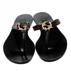 Pre Owned Gucci Black Leather/Canvas Web Detail ‘GG’ Thong Flat Sandals Size 39