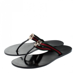 Pre Owned Gucci Black Leather/Canvas Web Detail ‘GG’ Thong Flat Sandals Size 39