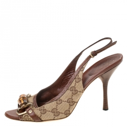 Pre Owned Gucci GG Canvas Bamboo Horsebit Slingback Sandals Size 38