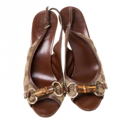 Pre Owned Gucci GG Canvas Bamboo Horsebit Slingback Sandals Size 38