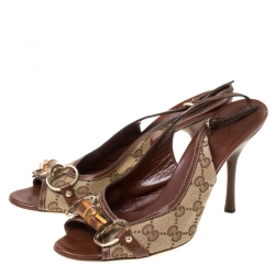 Pre Owned Gucci GG Canvas Bamboo Horsebit Slingback Sandals Size 38