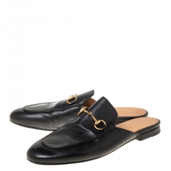 Pre Owned Gucci Black Leather Princetown Flat Slide Loafers Size 38.5