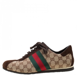 Gucci Beige GG Canvas And Brown Suede Web Detail Sneakers Size 41