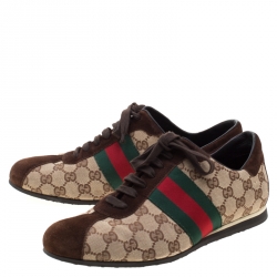 Gucci Beige GG Canvas And Brown Suede Web Detail Sneakers Size 41