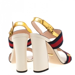 مملوكة مسبقًا Gucci Multicolor Leather And Web Trim Block Heel Sandals Size 39.5