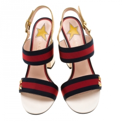 مملوكة مسبقًا Gucci Multicolor Leather And Web Trim Block Heel Sandals Size 39.5