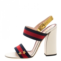 مملوكة مسبقًا Gucci Multicolor Leather And Web Trim Block Heel Sandals Size 39.5