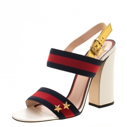 مملوكة مسبقًا Gucci Multicolor Leather And Web Trim Block Heel Sandals Size 39.5