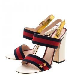 مملوكة مسبقًا Gucci Multicolor Leather And Web Trim Block Heel Sandals Size 39.5