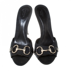 Pre Owned صندل غوتشي كانفاس غوتشيسيما أسود هورسبيت مقدمة مفتوحة مقاس 40