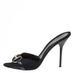 Pre Owned صندل غوتشي كانفاس غوتشيسيما أسود هورسبيت مقدمة مفتوحة مقاس 40