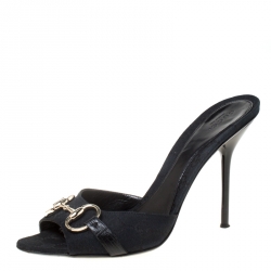 Pre Owned صندل غوتشي كانفاس غوتشيسيما أسود هورسبيت مقدمة مفتوحة مقاس 40