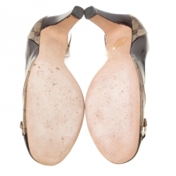 Pre Owned Gucci Brown GG Crystal Canvas And Leather Bamboo Horsebit Block Heel Pumps Size 38