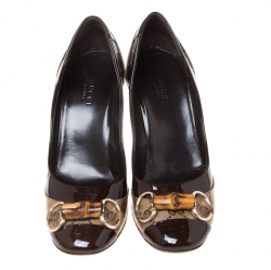 Pre Owned Gucci Brown GG Crystal Canvas And Leather Bamboo Horsebit Block Heel Pumps Size 38
