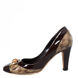 Pre Owned Gucci Brown GG Crystal Canvas And Leather Bamboo Horsebit Block Heel Pumps Size 38