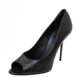 Pre Owned حذاء كعب عالي غوتشي مقدمة مفتوحة جلد غوتشيسيما أسود مقاس 41