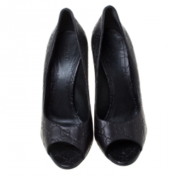 Pre Owned حذاء كعب عالي غوتشي مقدمة مفتوحة جلد غوتشيسيما أسود مقاس 41