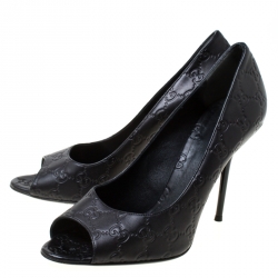 Pre Owned حذاء كعب عالي غوتشي مقدمة مفتوحة جلد غوتشيسيما أسود مقاس 41