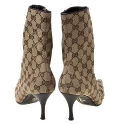 Pre Owned Gucci Brown And Beige GG Monogram Canvas Pointed Toe Ankle Boots Size 37.5