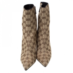 Pre Owned Gucci Brown And Beige GG Monogram Canvas Pointed Toe Ankle Boots Size 37.5