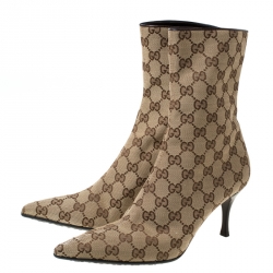 Pre Owned Gucci Brown And Beige GG Monogram Canvas Pointed Toe Ankle Boots Size 37.5
