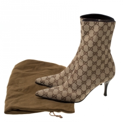 Pre Owned Gucci Brown And Beige GG Monogram Canvas Pointed Toe Ankle Boots Size 37.5