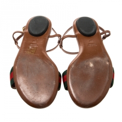 Pre Owned Gucci Brown Leather Web Detail Liliana Horsebit Flat Sandals Size 37