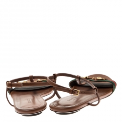 Pre Owned Gucci Brown Leather Web Detail Liliana Horsebit Flat Sandals Size 37